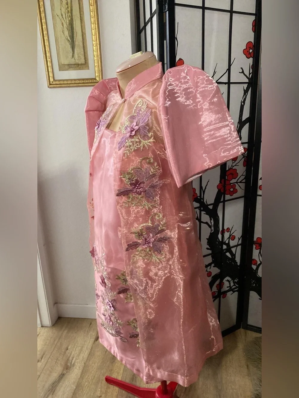 Filipiniana Organza Pink Dress Combination of Patching and Embroidery Floral Set